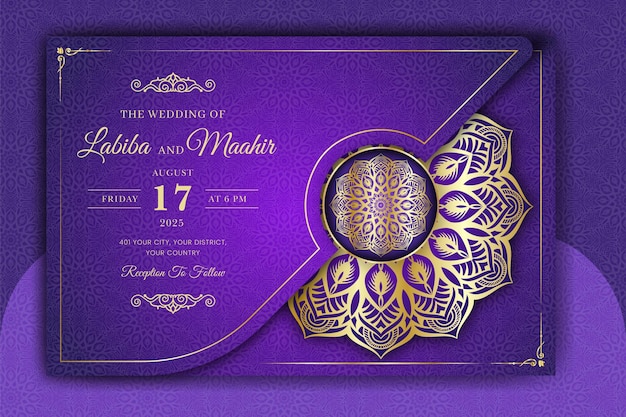 Plantilla de tarjeta de invitación de boda de mandala de lujo con patrón de arabescos dorados estilo de fondo oriental islámico árabe archivo vectorial editable mandala decorativa para imprimir cartel cubierta volante banner