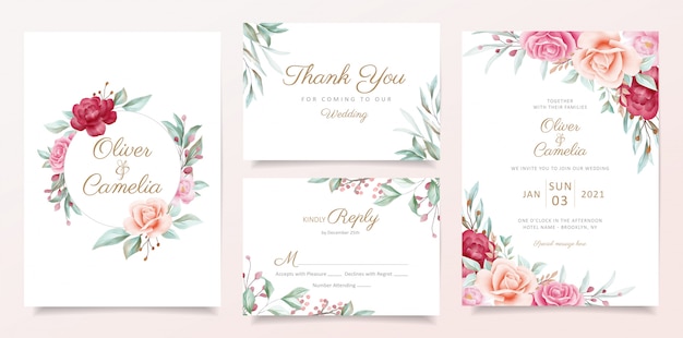 Vector plantilla de tarjeta de invitación de boda con marco floral acuarela y borde