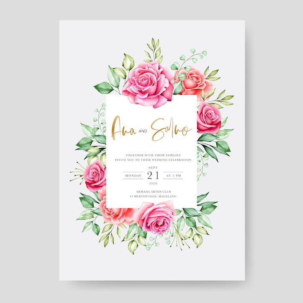 Plantilla de tarjeta de invitación de boda, marco floral acuarela