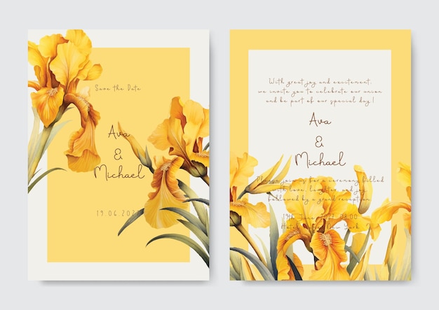 Plantilla de tarjeta de invitación de boda con marco floral de lirio amarillo hermoso Invitación de boda con tema rústico