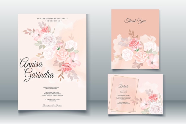 Plantilla de tarjeta de invitación de boda con marco floral de rosas hermosas Vector Premium