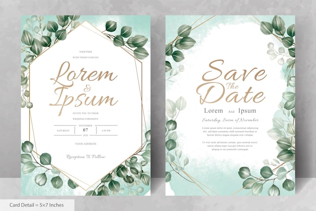 Plantilla de tarjeta de invitación de boda con marco floral verde
