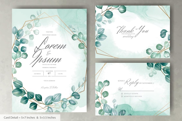 Plantilla de tarjeta de invitación de boda con marco floral verde