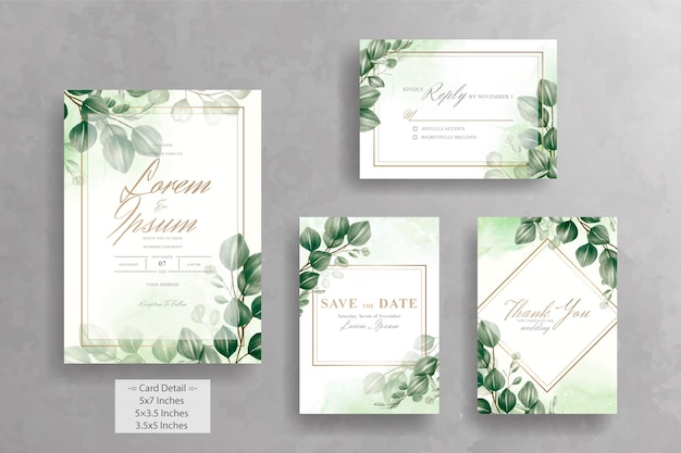 Plantilla de tarjeta de invitación de boda con marco floral verde