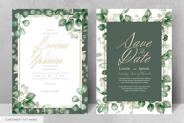 Plantilla de tarjeta de invitación de boda con marco floral verde