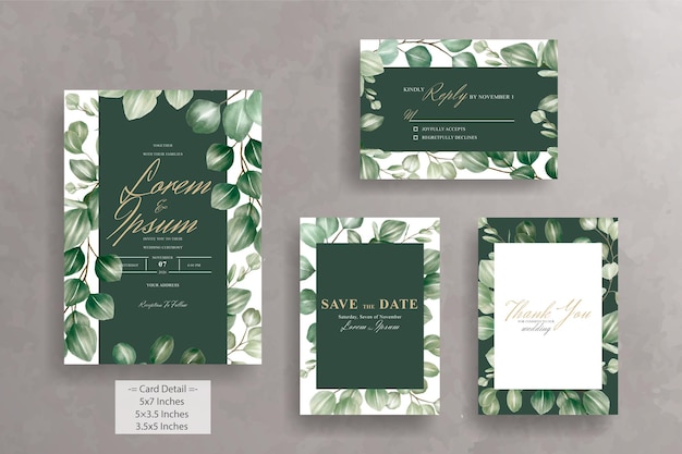 Plantilla de tarjeta de invitación de boda con marco floral verde