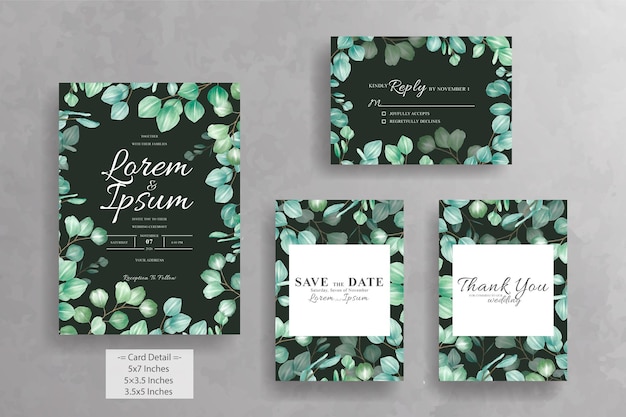 Plantilla de tarjeta de invitación de boda con marco floral verde