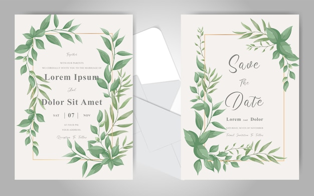 Plantilla de tarjeta de invitación de boda marco floral verde