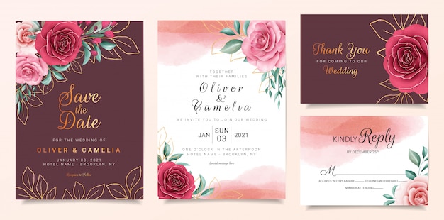 Plantilla de tarjeta de invitación de boda marrón con borde de flores y decoración de oro.