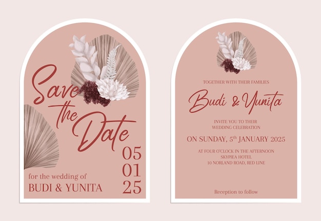 Plantilla de tarjeta de invitación de boda minimalista con estilo moderno y diseño floral