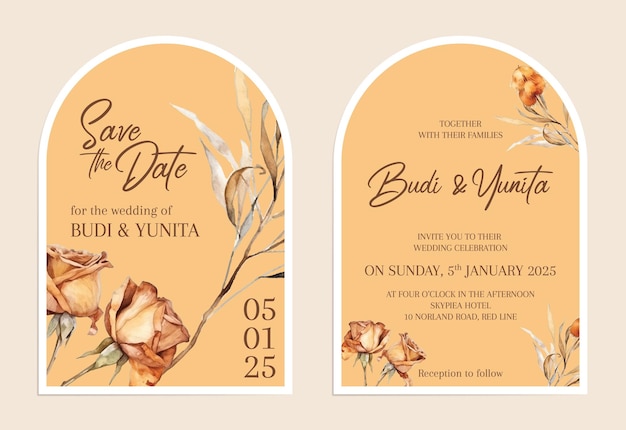 Plantilla de tarjeta de invitación de boda minimalista con estilo moderno y diseño floral