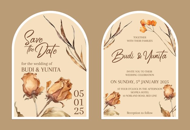 Plantilla de tarjeta de invitación de boda minimalista con estilo moderno y diseño floral