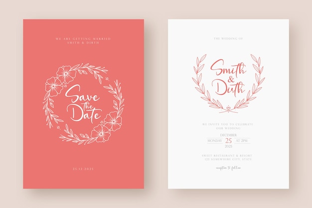 Plantilla de tarjeta de invitación de boda minimalista con ilustración de corona floral de estilo de arte lineal