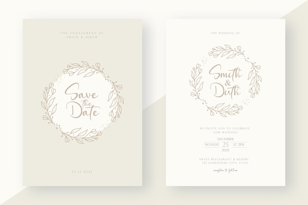 Plantilla de tarjeta de invitación de boda minimalista con ilustración de corona floral de estilo de arte lineal