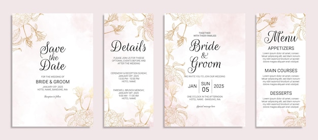 Plantilla de tarjeta de invitación de boda de oro con flores decorativas