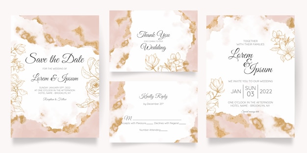 Vector plantilla de tarjeta de invitación de boda pastel acuarela con decoración floral dorada