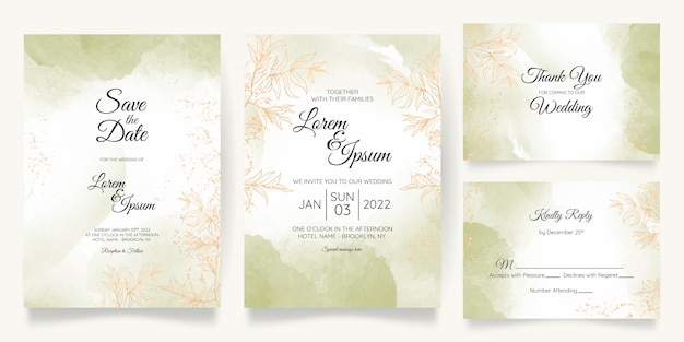 Plantilla de tarjeta de invitación de boda pastel acuarela con decoración floral dorada