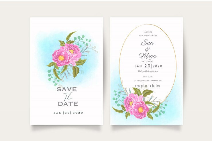 Plantilla de tarjeta de invitación de boda peonías elegantes