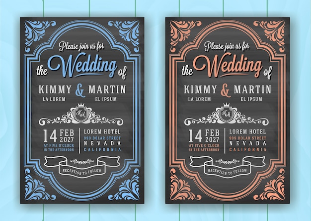 Plantilla de tarjeta de invitación de boda de pizarra vintage
