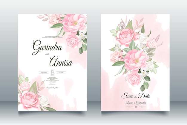 Plantilla de tarjeta de invitación de boda romántica con hermosas hojas florales vector premium