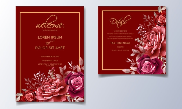 Plantilla de tarjeta de invitación de boda romántica marrón con flores y hojas de cosmos rosa