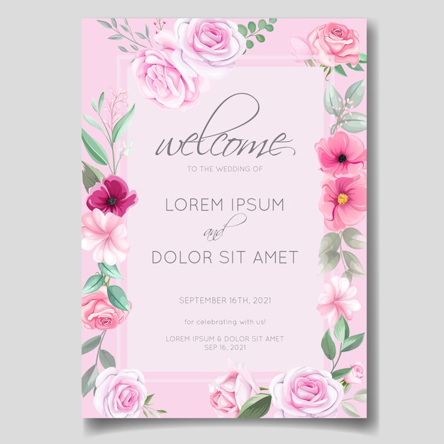 Vector plantilla de tarjeta de invitación de boda romántica con rosa, flores de cosmos y hojas