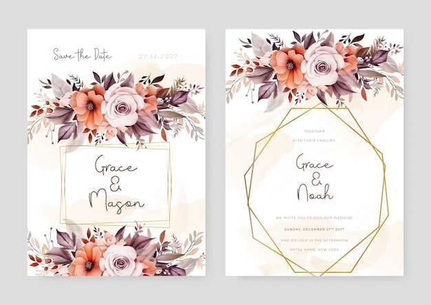 Vector plantilla de tarjeta de invitación de boda de rosa naranja y beige y amapola con vector de textura de acuarela floral y floral