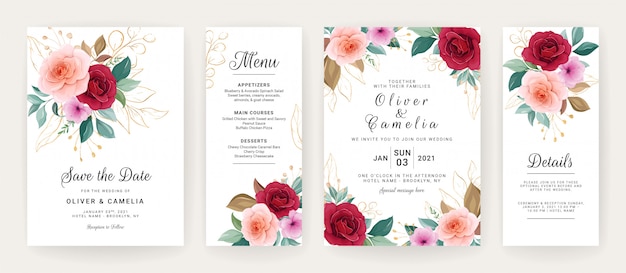 Plantilla de tarjeta de invitación de boda con rosas, flores de anémona y hojas