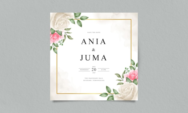 Plantilla de tarjeta de invitación de boda con rosas y hojas verdes