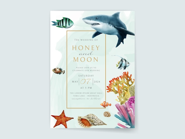 Plantilla de tarjeta de invitación de boda tema de vida marina