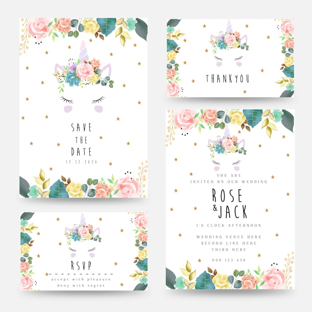 Plantilla de tarjeta de invitación de boda con unicornio y decoración floral. Reserva