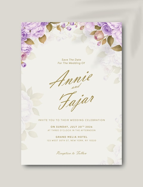 plantilla de tarjeta de invitación de boda con vector de flores premium