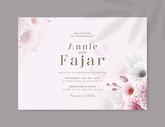 Plantilla de tarjeta de invitación de boda con vector premium de acuarela de flores