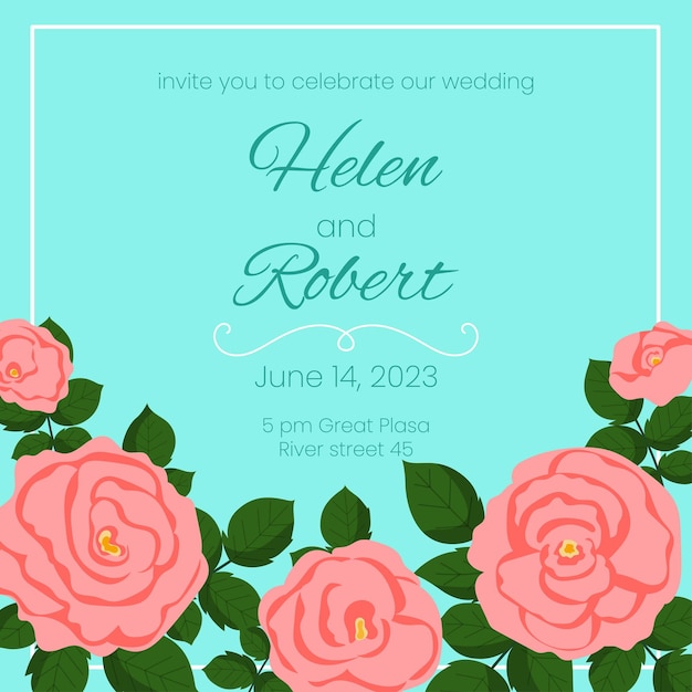 Plantilla de tarjeta de invitación de boda vectorial con decoración de rosas rosadas