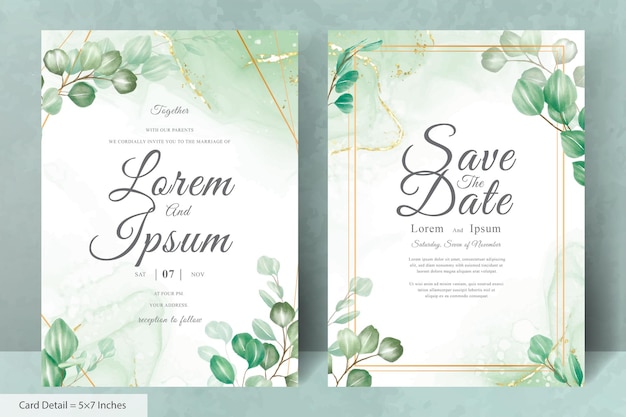 Plantilla de tarjeta de invitación de boda con vegetación y hojas de eucalipto