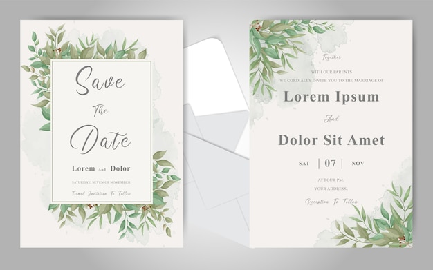 Plantilla de tarjeta de invitación de boda verde con acuarela