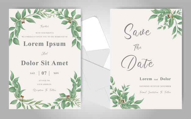 Plantilla de tarjeta de invitación de boda verde con acuarela