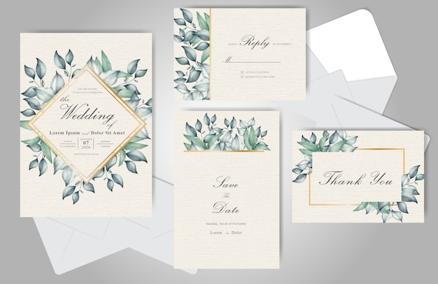 Plantilla de tarjeta de invitación de boda verde con elegante dibujado a mano acuarela floral y follaje