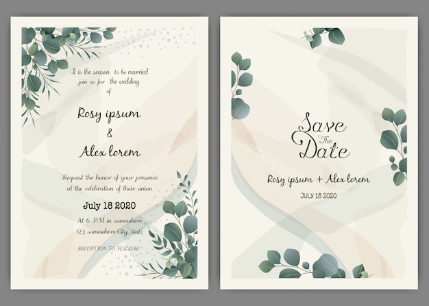 Vector plantilla de tarjeta de invitación de boda verde, eucalipto