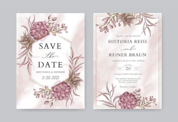 Plantilla de tarjeta de invitación de boda vintage con marco floral acuarela