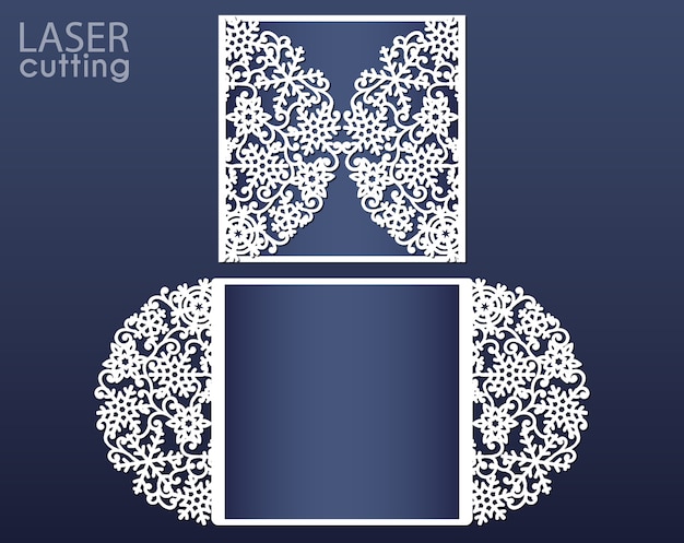 Plantilla de tarjeta de invitación cortada con láser. Tarjeta de plegado de puerta de papel recortada con patrón de copos de nieve