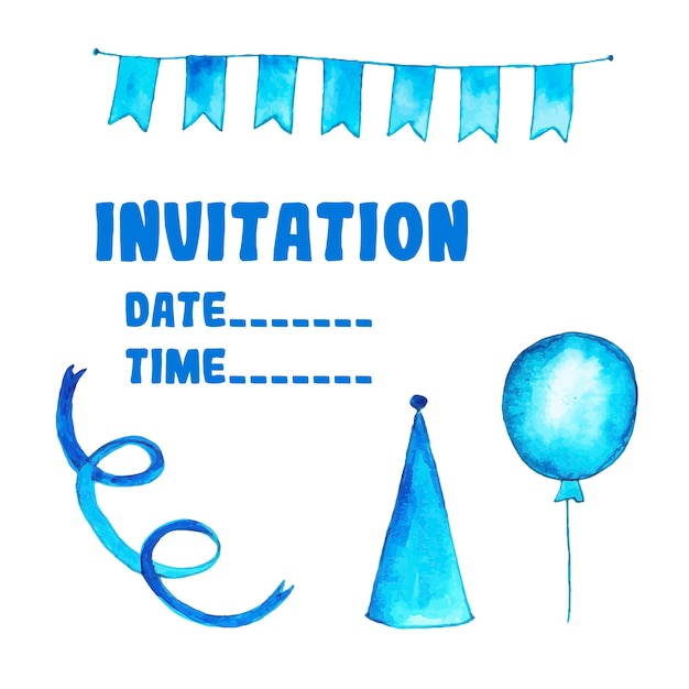 plantilla de tarjeta de invitación de cumpleaños dibujada a mano acuarela conjunto azul de elementos festivos