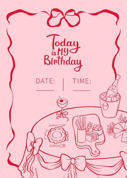 plantilla de tarjeta de invitación de cumpleaños minimalista rosa y roja arcos decorativos y configuración de mesa