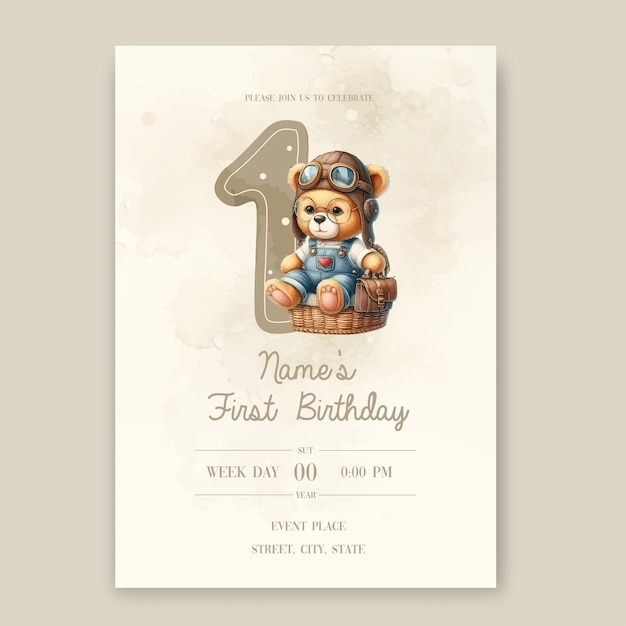 plantilla de tarjeta de invitación de fiesta de cumpleaños con lindo acuarela pequeño animal oso piloto