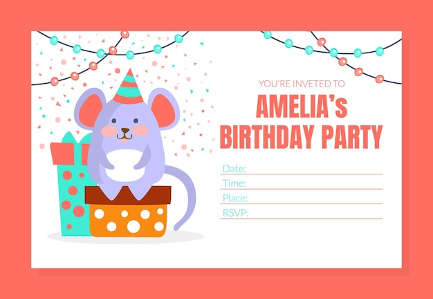 Vector plantilla de tarjeta de invitación para la fiesta de cumpleaños de los niños con un animal de ratón lindo y espacio para la ilustración vectorial de texto