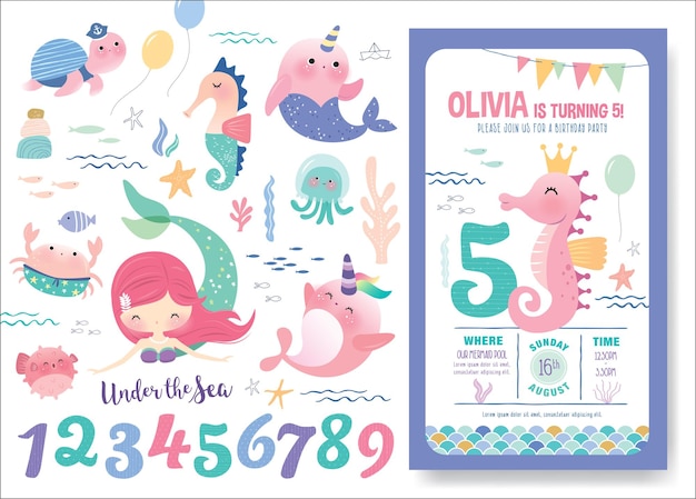 plantilla de tarjeta de invitación de fiesta de cumpleaños con el personaje de dibujos animados de vida marina de la sirena y los números del aniversario