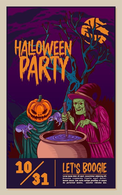 Vector plantilla de tarjeta de invitación a fiesta de halloween con cabeza de calabaza e ilustración de bruja