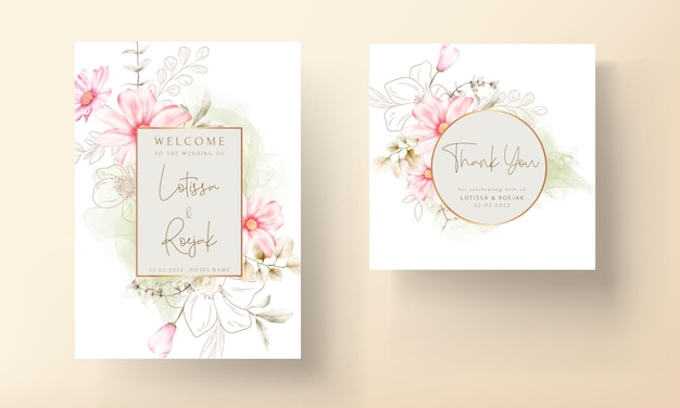 Plantilla de tarjeta de invitación con hermosa flor rosa y floral dorado