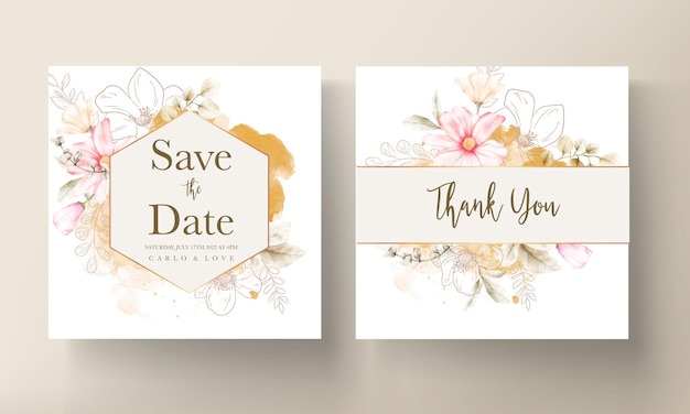 Plantilla de tarjeta de invitación con hermosa flor rosa y floral dorado