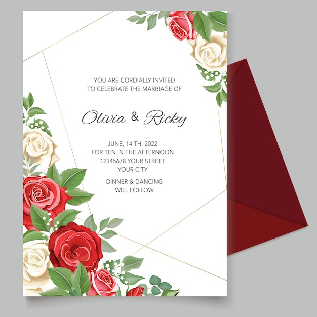 Plantilla de tarjeta de invitación de hermosas rosas rojas
